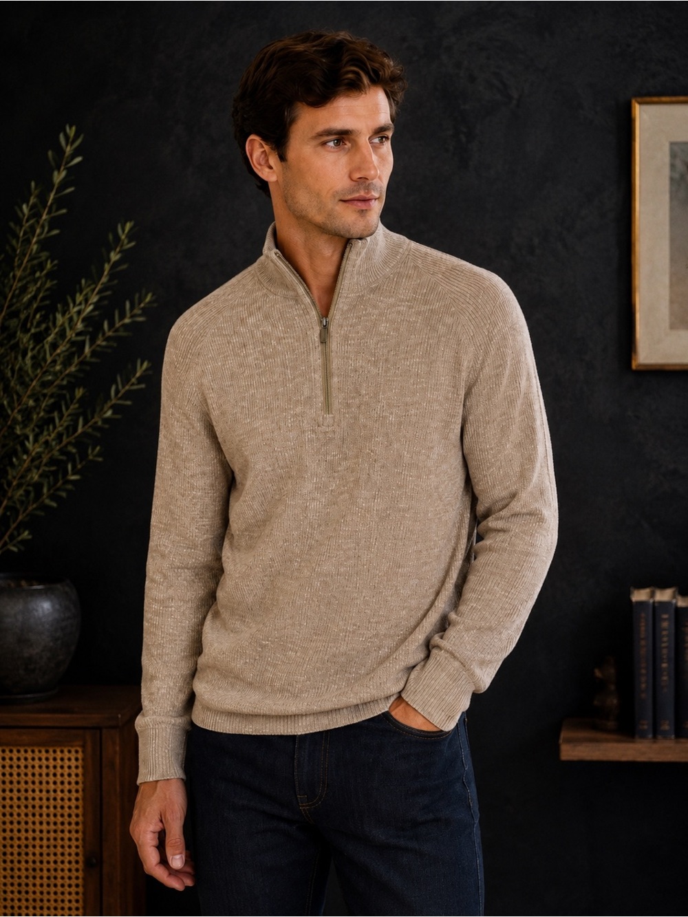 Bugatchi Men's Soft Knit Quarter-Zip Pullover in Taupe